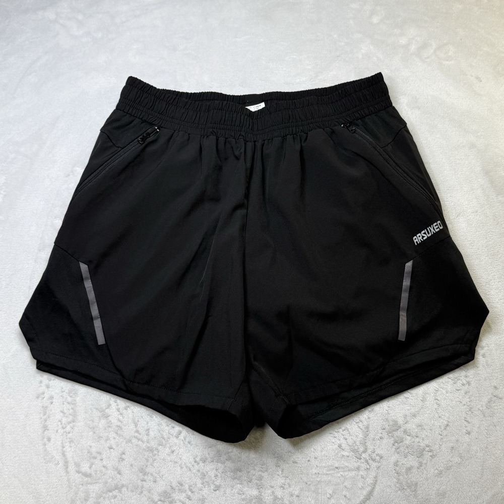 ARSUXEO Men's Black Running‎ Shorts L Zipper Pockets Lined Athletic